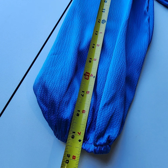 NWT BTFBM Blue Turquoise 3/4 Sleeve Satin Mini Stretch Dress A-Line Ruffle Hem L - Picture 15 of 16